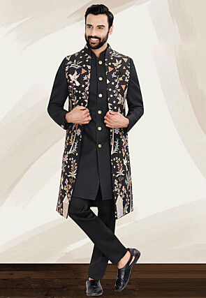 Embroidered Terry Rayon Sherwani in Black