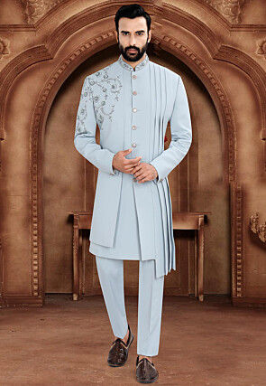 Embroidered Terry Rayon Sherwani in Blue