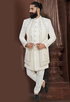 Embroidered Terry Rayon Sherwani in Cream