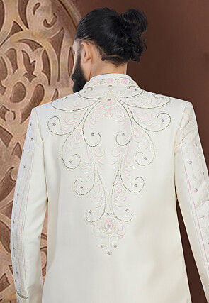 Embroidered Terry Rayon Sherwani in Cream