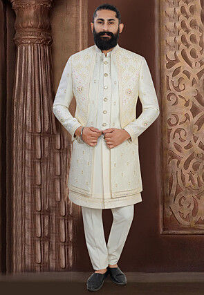 Embroidered Terry Rayon Sherwani in Cream