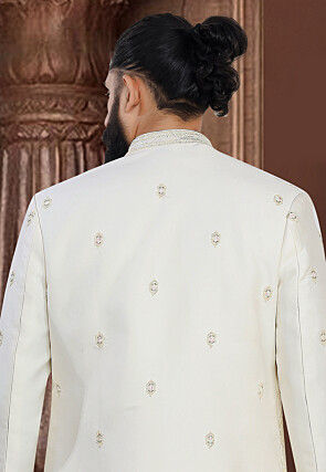 Embroidered Terry Rayon Sherwani in Cream