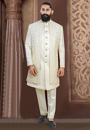 Embroidered Terry Rayon Sherwani in Cream