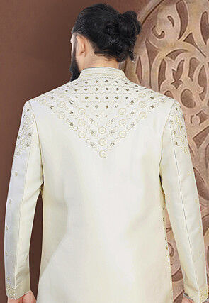 Embroidered Terry Rayon Sherwani in Cream