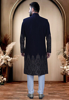 Embroidered Terry Rayon Sherwani in Navy Blue