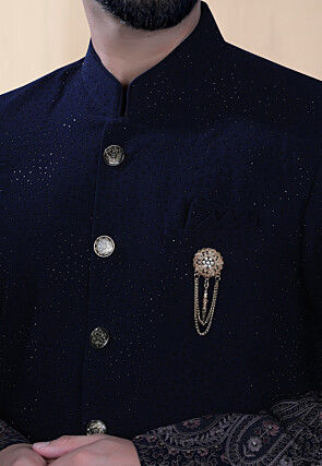 Embroidered Terry Rayon Sherwani in Navy Blue