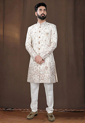 Embroidered Terry Rayon Sherwani in Off White