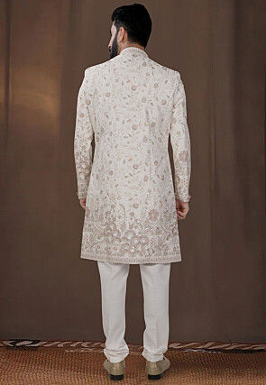 Embroidered Terry Rayon Sherwani in Off White