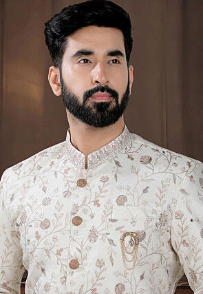 Embroidered Terry Rayon Sherwani in Off White