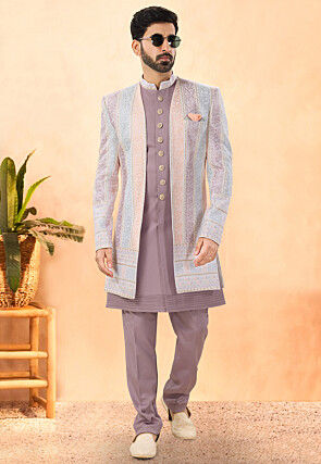 Embroidered Terry Rayon Sherwani in Purple