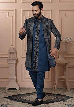 Embroidered Terry Rayon Sherwani in Teal Blue