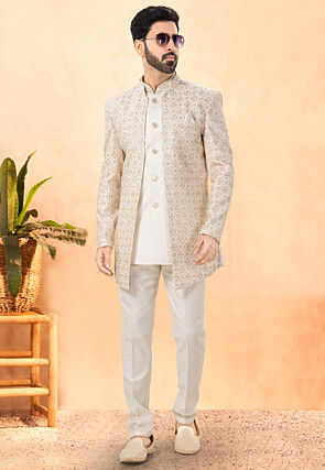 Embroidered Terry Rayon Short Kurta Set in Cream