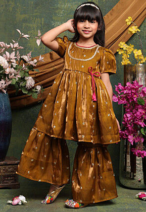 Embroidered Tissue A line Kurti Set in Brown