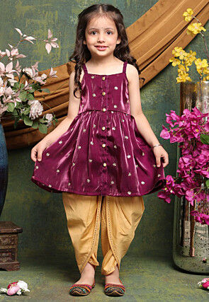 Embroidered Tissue A line Kurti Set in Wine