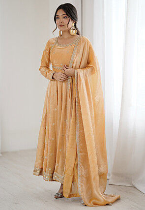 Embroidered Tissue Abaya Style Suit in Beige
