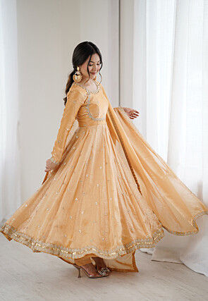 Embroidered Tissue Abaya Style Suit in Beige