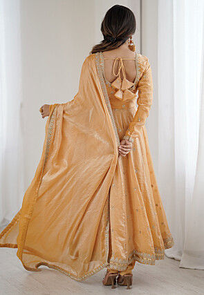 Embroidered Tissue Abaya Style Suit in Beige