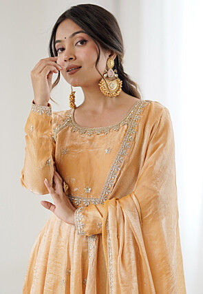 Embroidered Tissue Abaya Style Suit in Beige