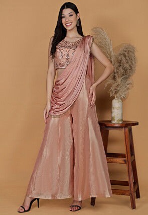 Hand Embroidered Tissue Crop Top Set in Peach