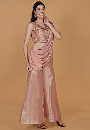 Hand Embroidered Tissue Crop Top Set in Peach