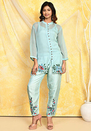 Embroidered Tissue Georgette Co Ord Set in Light Blue