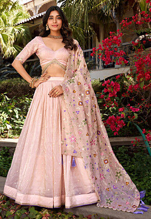 Embroidered Tissue Lehenga in Baby Pink