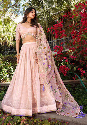 Embroidered Tissue Lehenga in Baby Pink