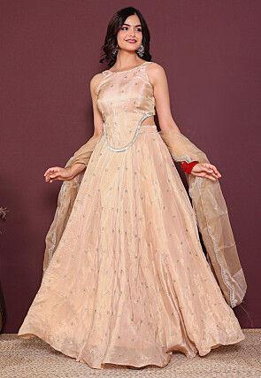 Embroidered Tissue Lehenga in Beige