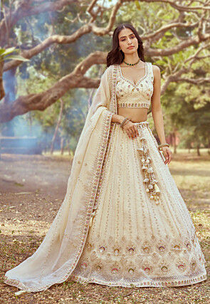 Embroidered Tissue Lehenga in Cream