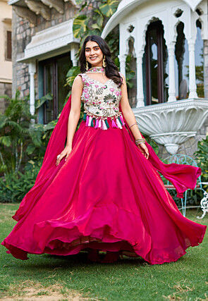 Embroidered Tissue Lehenga in Fuchsia