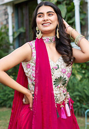 Embroidered Tissue Lehenga in Fuchsia