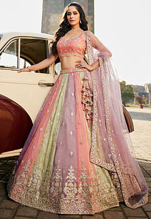 Embroidered Tissue Lehenga in Multicolor