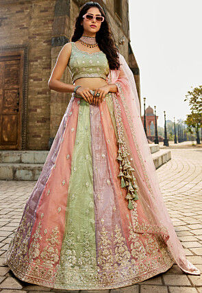 Embroidered Tissue Lehenga in Multicolor