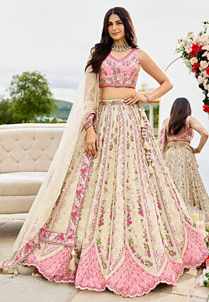 Embroidered Tissue Lehenga in Off White