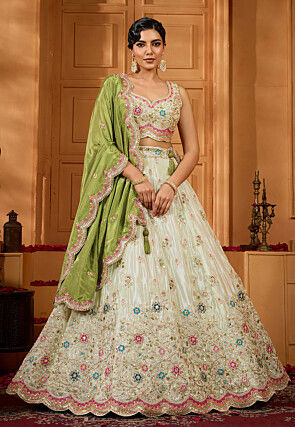 Embroidered Tissue Lehenga in Off White