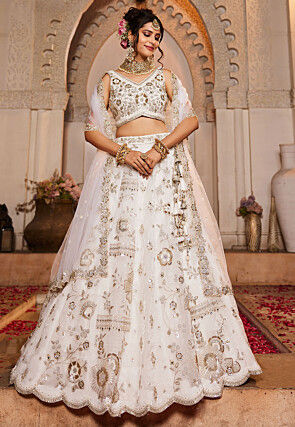 Embroidered Tissue Lehenga in Off White