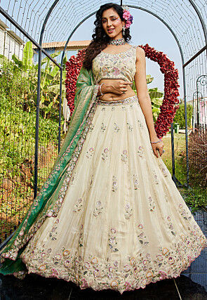 Embroidered Tissue Lehenga in Off White