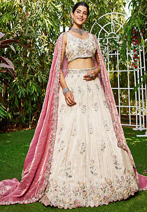 Embroidered Tissue Lehenga in Off White
