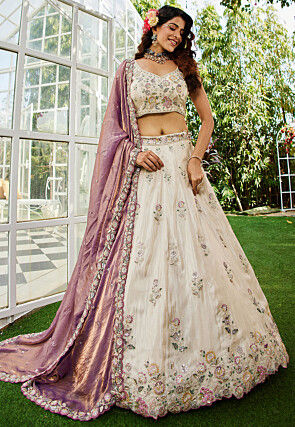 Embroidered Tissue Lehenga in Off White