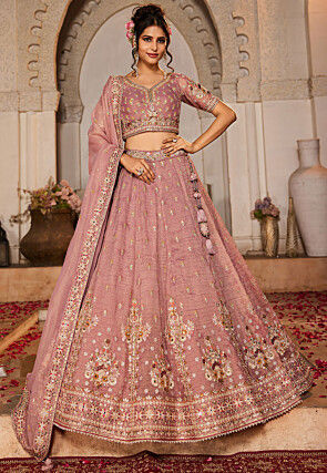 Embroidered Tissue Lehenga in Old Rose