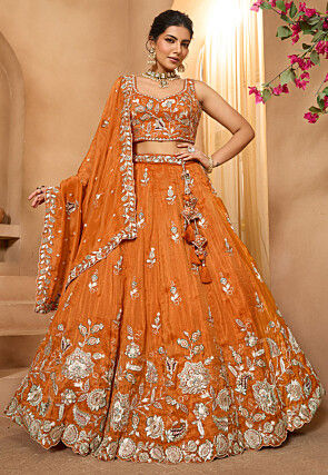 Embroidered Tissue Lehenga in Orange