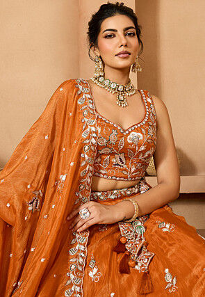 Embroidered Tissue Lehenga in Orange