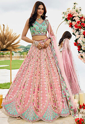 Embroidered Tissue Lehenga in Peach