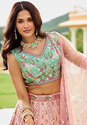 Embroidered Tissue Lehenga in Peach