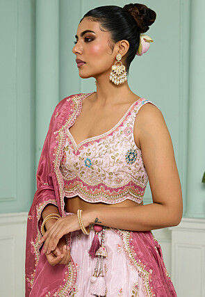 Embroidered Tissue Lehenga in Pink