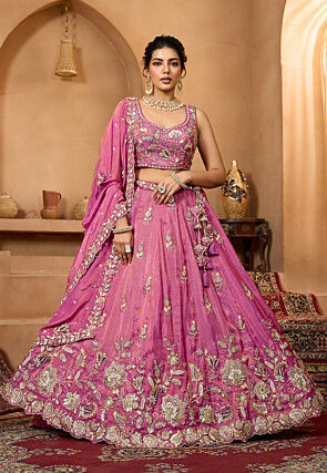 Embroidered Tissue Lehenga in Pink