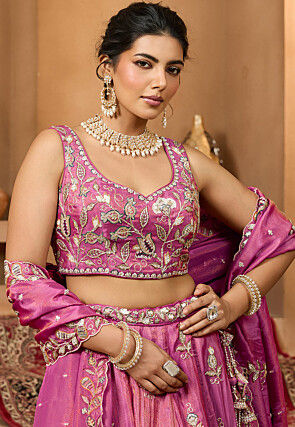 Embroidered Tissue Lehenga in Pink
