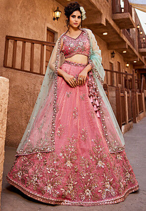 Embroidered Tissue Lehenga in Pink