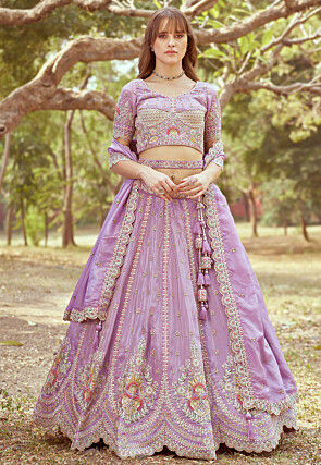 Embroidered Tissue Lehenga in Purple