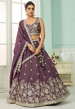 Embroidered Tissue Lehenga in Purple